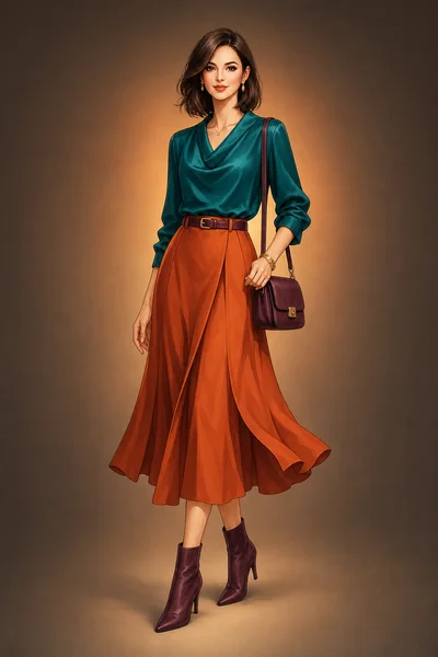 Woman in a teal blouse and burnt-orange midi skirt