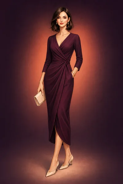 Woman in a deep maroon wrap dress