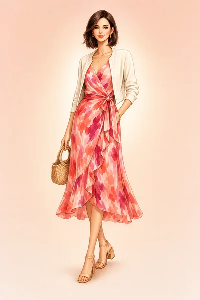 Woman in a coral print wrap dress and cream cardigan
