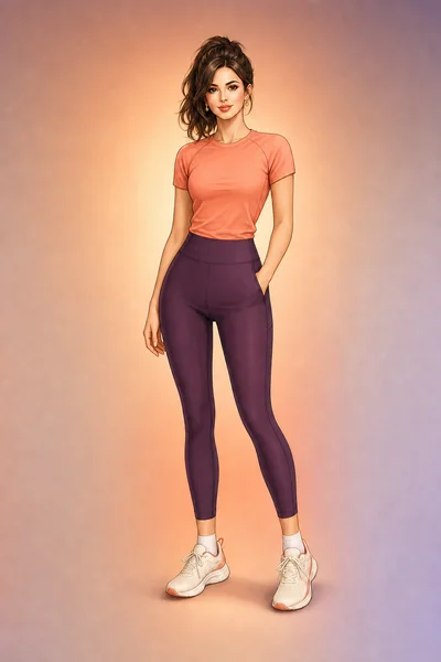 Woman in a coral sports top, plum leggings, and cream trainers