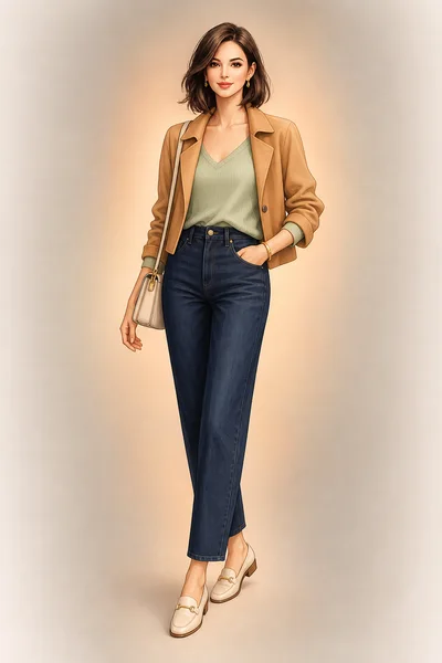 Woman in a camel jacket, sage top, and dark jeans