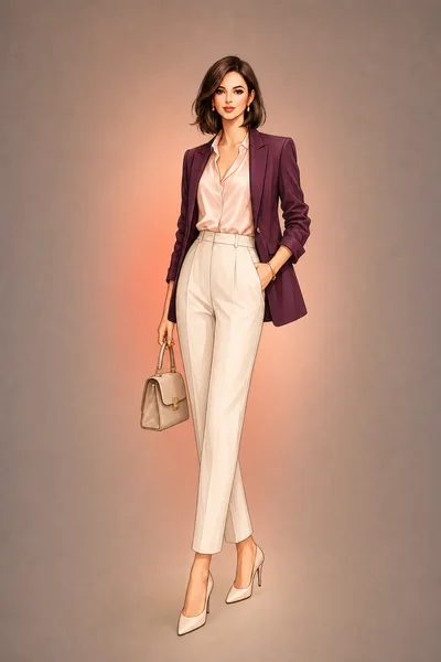 Woman in a plum blazer and cream tailored trousers