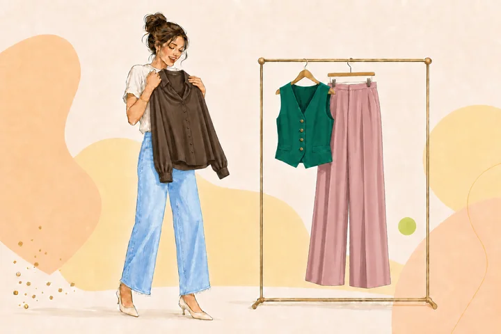 A woman delighting in a fresh plum jacket beside a coordinated outfit