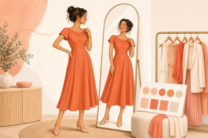 A woman smiling at her reflection beside a curated rail of clothes and color swatches