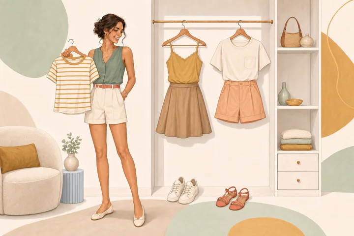 A woman pairing a coral blouse with familiar pieces from her wardrobe